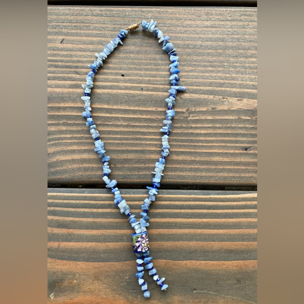 Handmade natural chip stone beads blue with ceramic pendant.